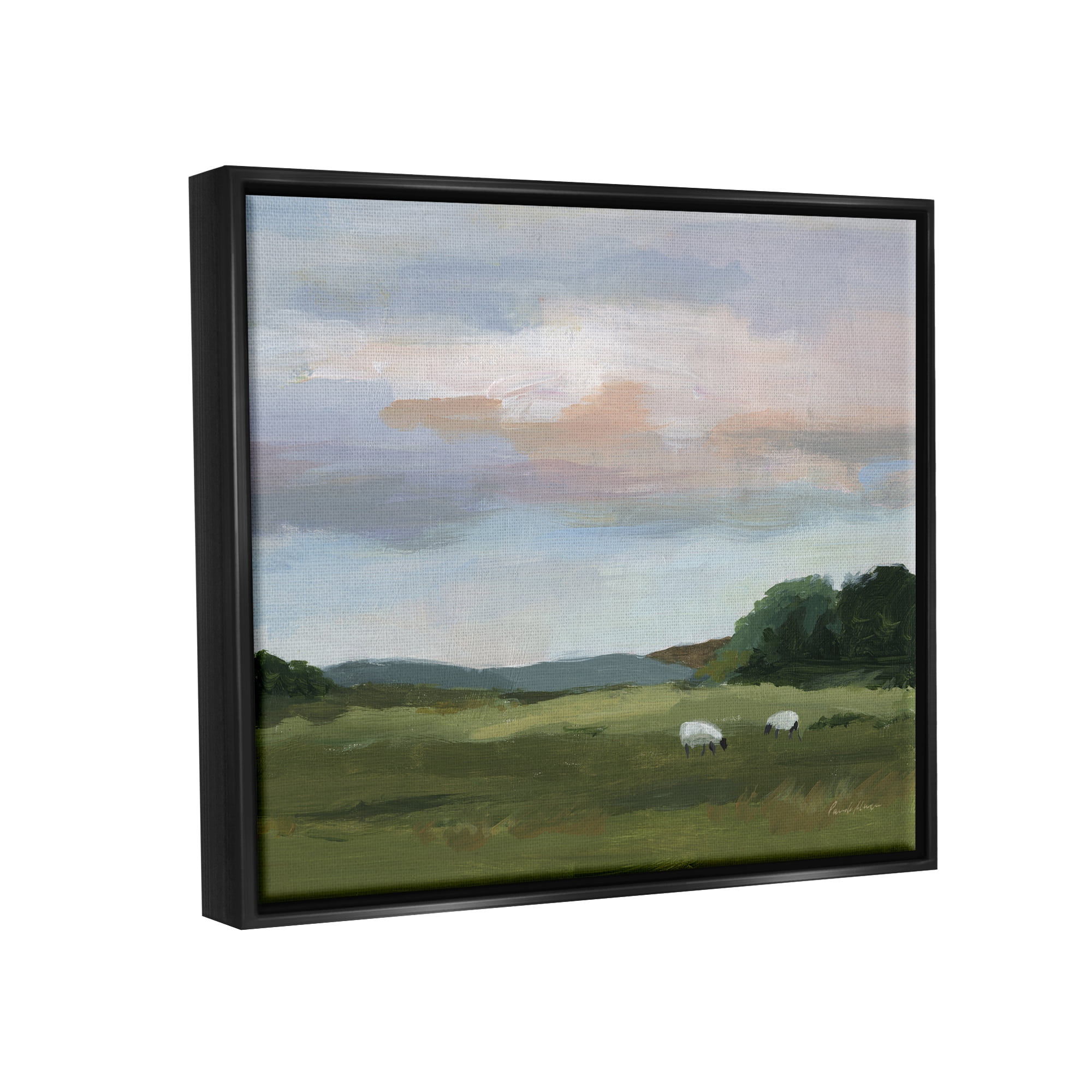 Stupell Industries Sheep in Country Field Landscape Painting Black Floater Framed Canvas Art Print Wall Art, 31 x 25