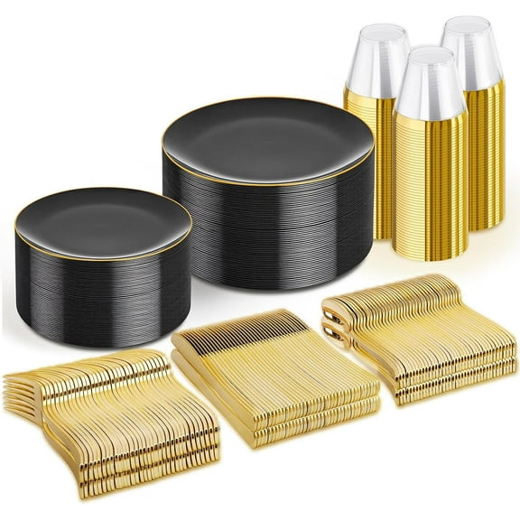 300PCS Black and Gold Plates - Black Plastic Plates for Party - 50guest Disposable Dinnerware Sets for Party/Wedding/Halloween/New Year