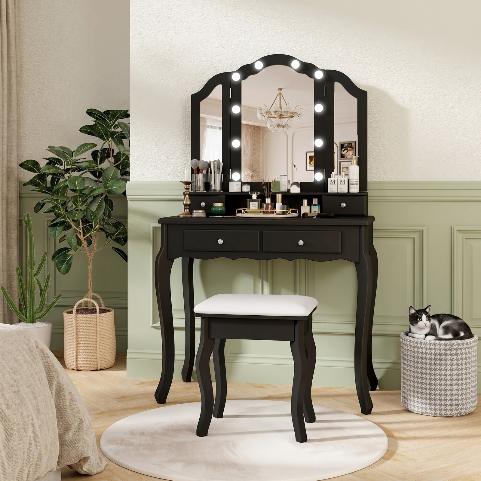 Furnibear Makeup Vanity Table Set with Tri Folding Lighted Mirror and Drawers and Cushioned Stool for Bedroom and Dressing Room, Black