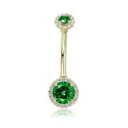 AVORA 10K Yellow Gold Green Simulated Diamond CZ Halo Belly Button Ring Body Jewelry (14 Gauge)