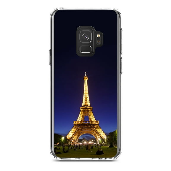 DistinctInk Clear Shockproof Hybrid Case for Samsung Galaxy S9 (5.8" Screen) - TPU Bumper, Acrylic Back, Tempered Glass Screen Protector - Eiffel Tower Paris Night - Paris