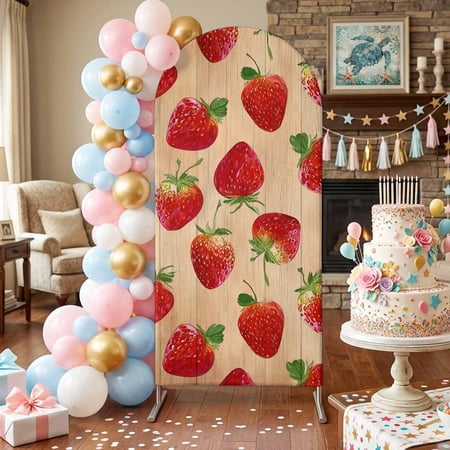 Farmhouse Strawberry Arch Backdrop Covers 6 FT Red Berry Rustic Country Brown Wood Grain Stretchy Fitted Arched Stand Covers Party Arch Stand Cover Photo Booth for Wedding Birthday Decor