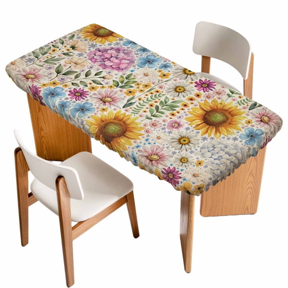 Sunflower Vintage Table Cloths for 3 Foot Rectangle Tables, Yellow Floral Summer Botanical Retro Art Patio Waterproof Elastic Fitted Tablecloths, Washable Rectangular Table Cover for Camping