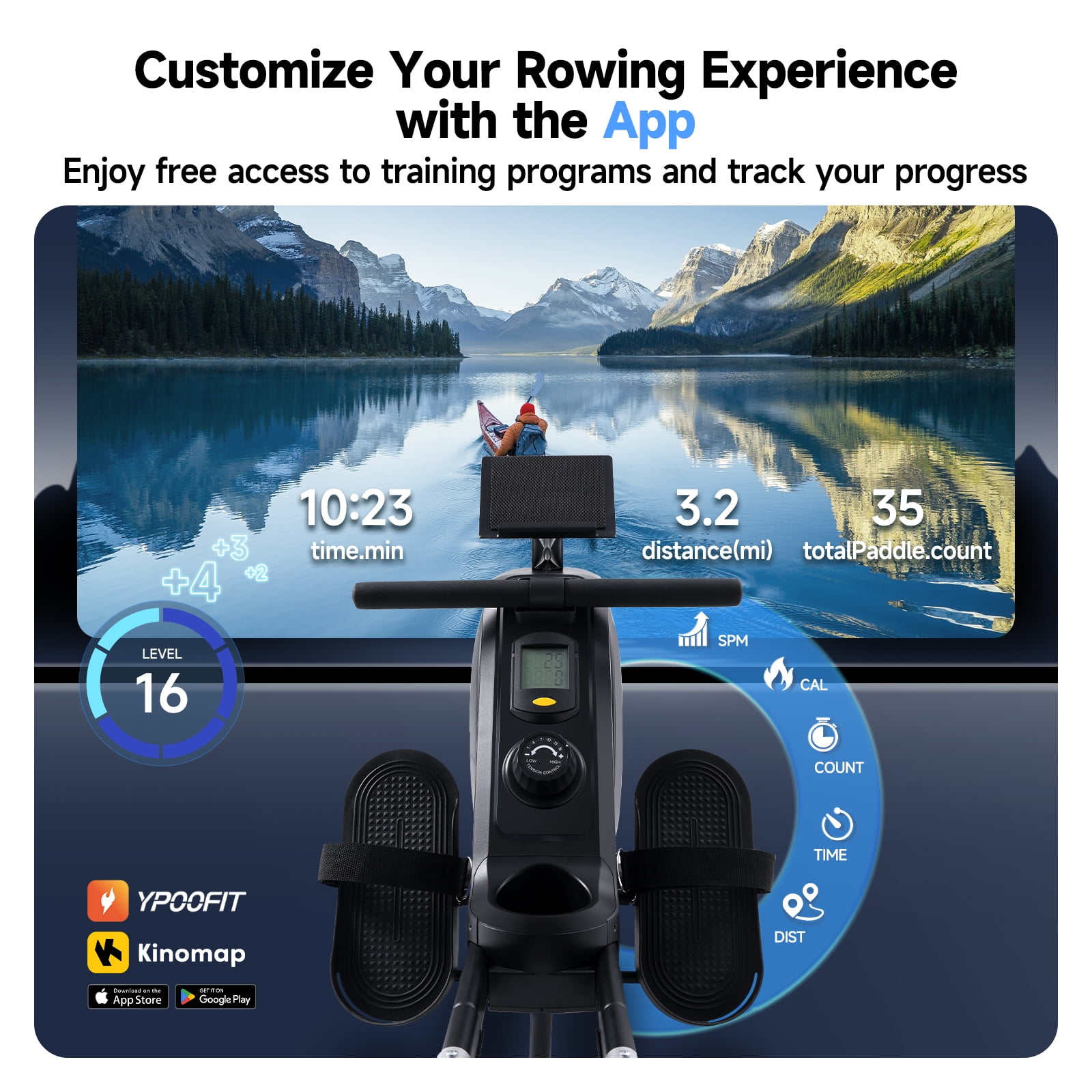 YPOO Magnetic Rowing Machine for Home, 350 lb Capacity, 16-Level Silent Resistance, Foldable Compact Rower for Full-Body Workout with App Support