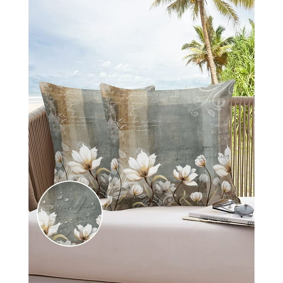 Outdoor Throw Pillow Cover Watercolor Retro Blossom Floral Waterproof Cushion Covers 2 Pack Flower on Vintage Grey Brown Pillow Cases Home Decoration for Patio Garden Couch Sofa