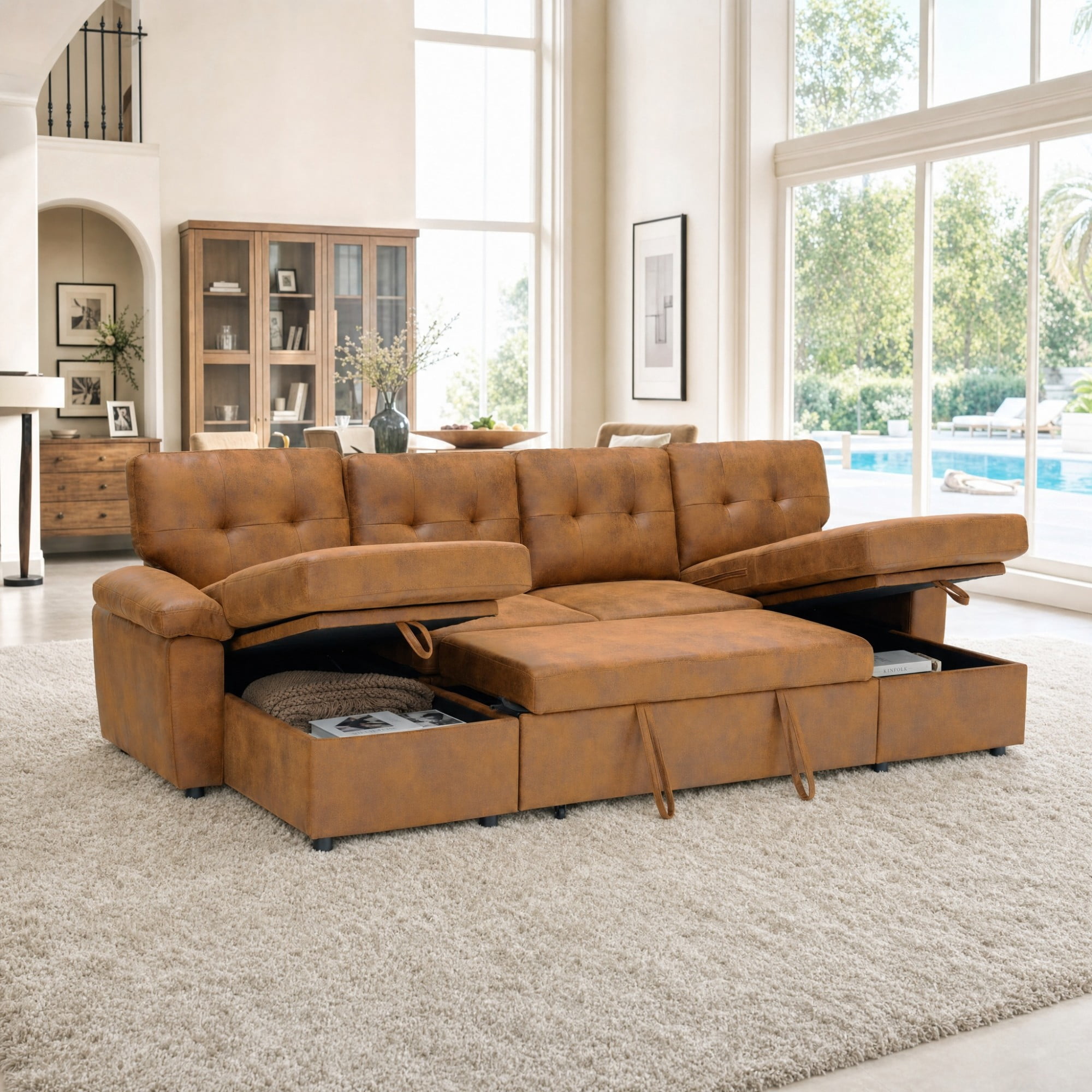 BSHTI 112" Polyester Fabric U-Shaped Sectional Sleeper Sofa Bed with Pull-Out Bed,Tufted Back Cushions and Storage Chaise for Living Room(Light Brown)
