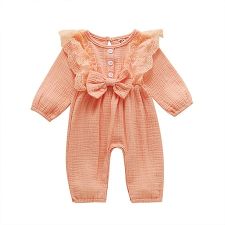 

TUOBARR Infant Baby Girls Long Sleeve Solid Bow Romper Jumpsuit Pink (0-24Months)
