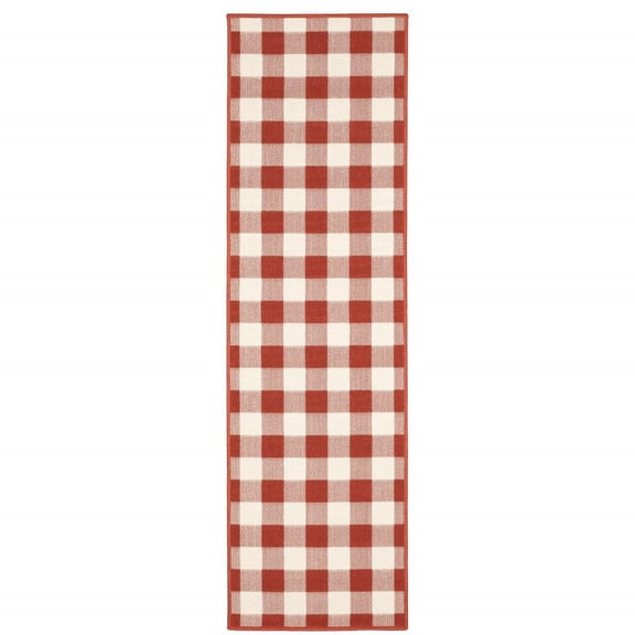 2' X 8' Red Geometric Stain Resistant Indoor Outdoor Area Rug
