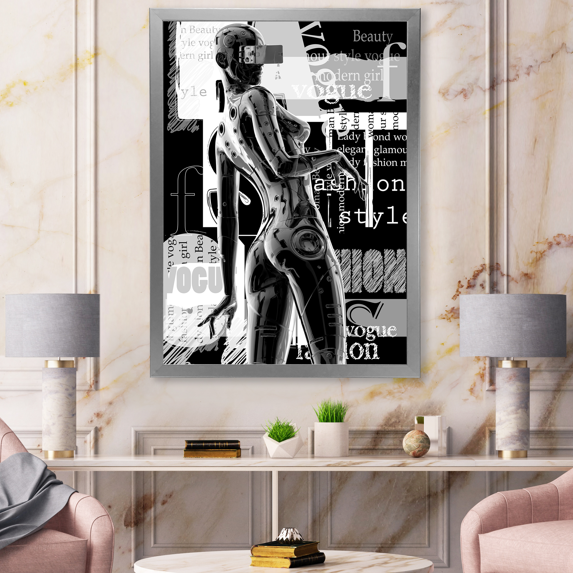 Designart 'Black and White Cyborg Body I' Modern Framed Art Print