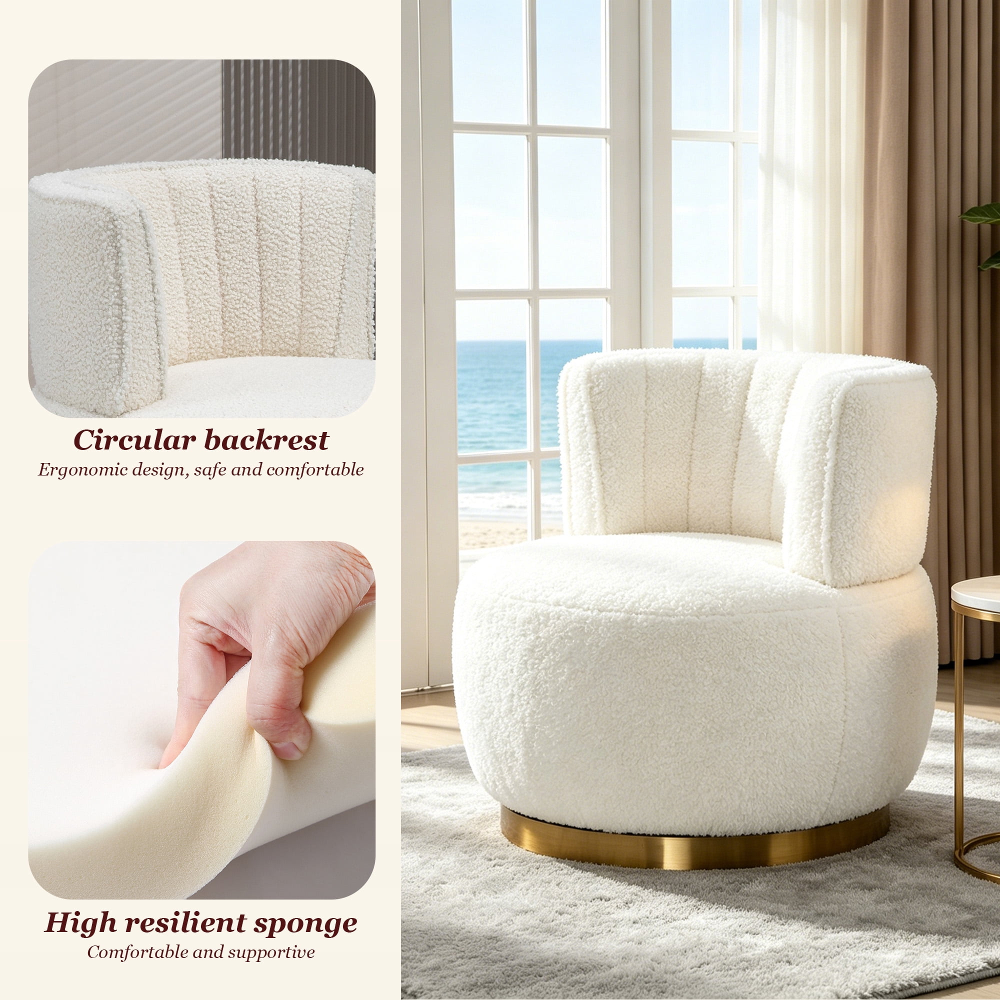MOONMISS 360° Swivel Barrel Accent Chairs, Round Armchairs with Wide Upholstered, Teddy Fabric for Living Room, Bedroom,White