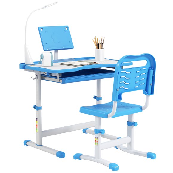 Qaba Kids Desk and Chair Set Height Adjustable Student Writing Desk, Blue