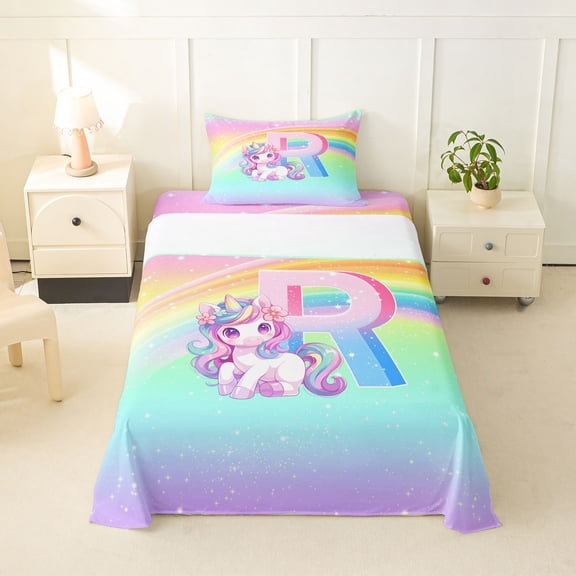 Erosebridal Cute Rainbow Unicorn Twin Sheet Sets,Watercolor Alphabet R Girls Personalized Gifts Bedding For Kids 3pcs