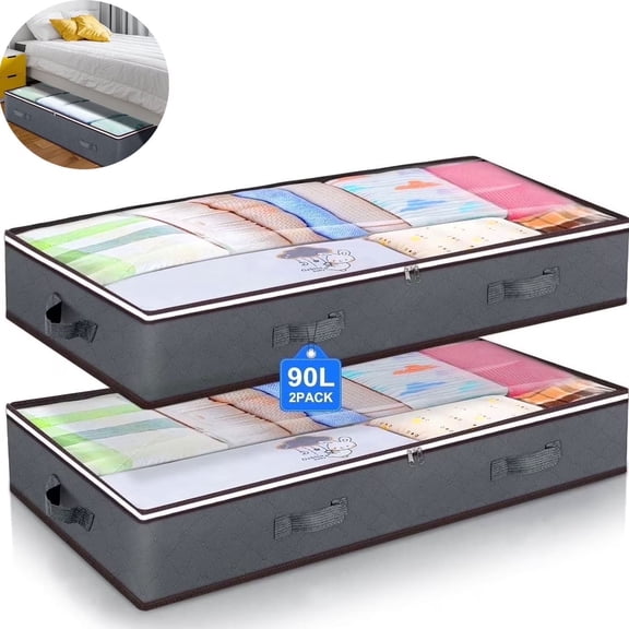 90L Under Bed Storage Containers, Underbed Toy Organizers and Clothing Storage Bags, Closet Storage Bins with Clear Window for Organizing Blanket Comforter Bedding Clothes Bedroom Dorm, 2 Pack