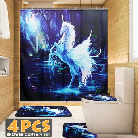 4-Piece Home Hotel Bathroom Sets- 1 Non-Slip Bath Mat +1 Mildew-proof Toilet Mats Set +1 Pedestal Rug Mat/Unicor n Fly Horse Shower Curtain+12 Hooks Dark