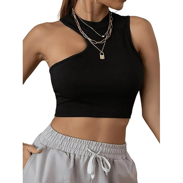 Women's Knit Crop Top Ribbed Sleeveless Halter Neck Vest Tank Top