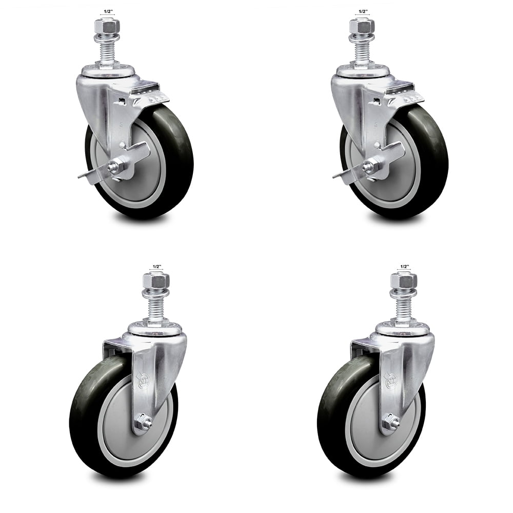 The Elixir Industrial 5 Heavy Duty Swivel Caster Wheels Polyurethane Base with Top Plate & Bearing 2 Wheels with Stem Brake Set of 4 AE-6-1064