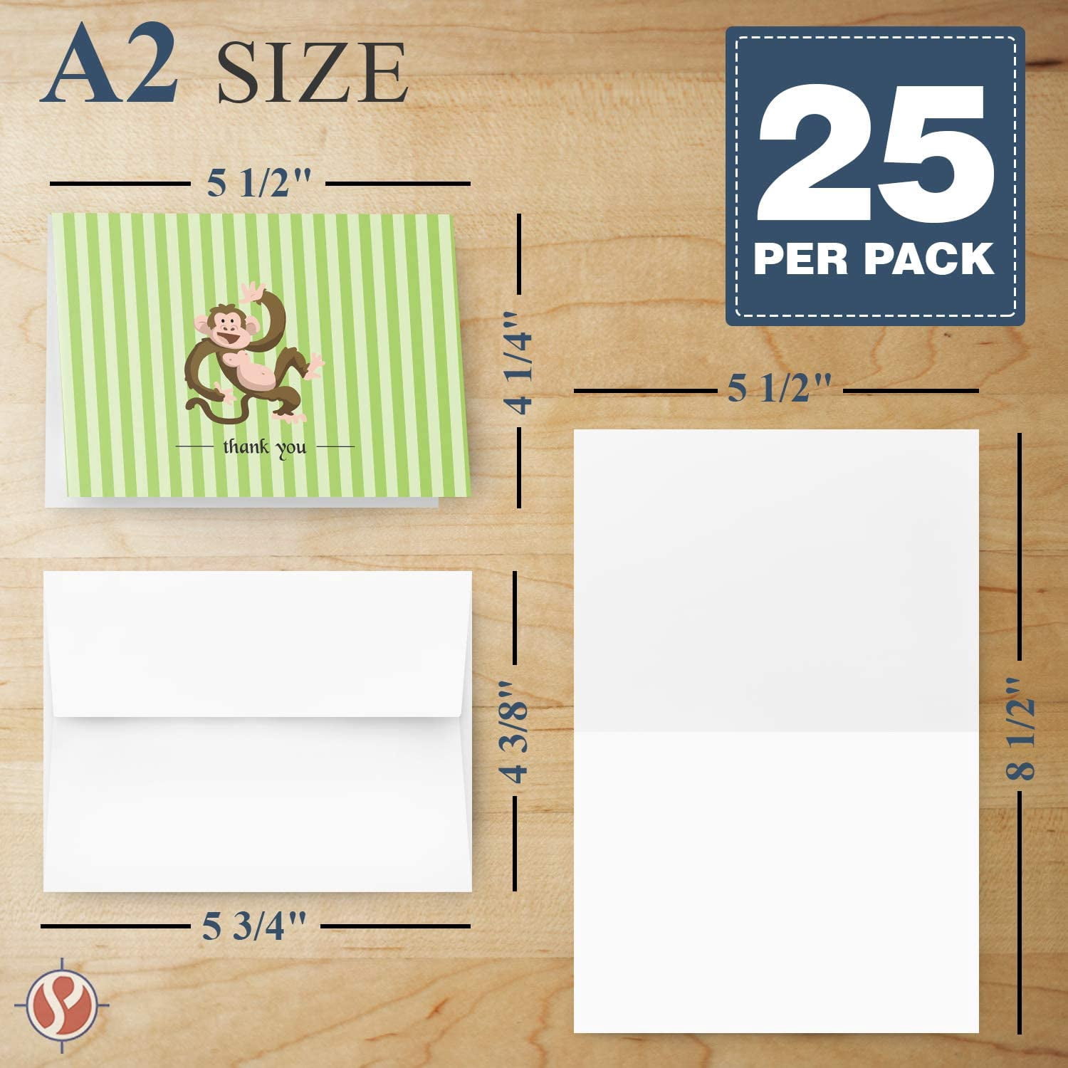 Monkey Lovely Animal Thank You Note Greeting Cards with Envelopes | Printed on Thick and Sturdy 80lb (216gsm) Cardstock | Blank Interior | A2 Size – 4.25 x 5.5” | 25 per Pack