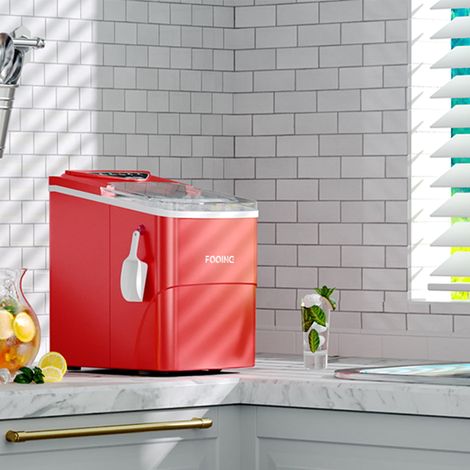 FOOING Red Ice Maker for Countertop, Fashion Refrigerator Bullet Ice