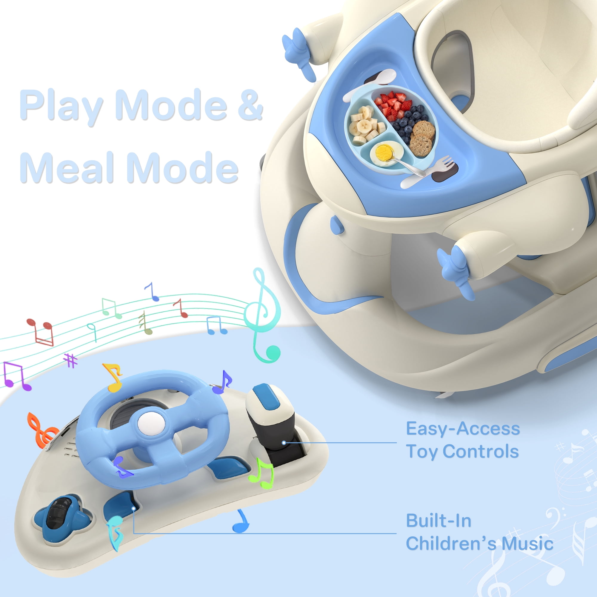 AILEEKISS 5-in-1 Musical Baby Walker with Wheels, Foldable Baby Walker for Boys Girls, Blue