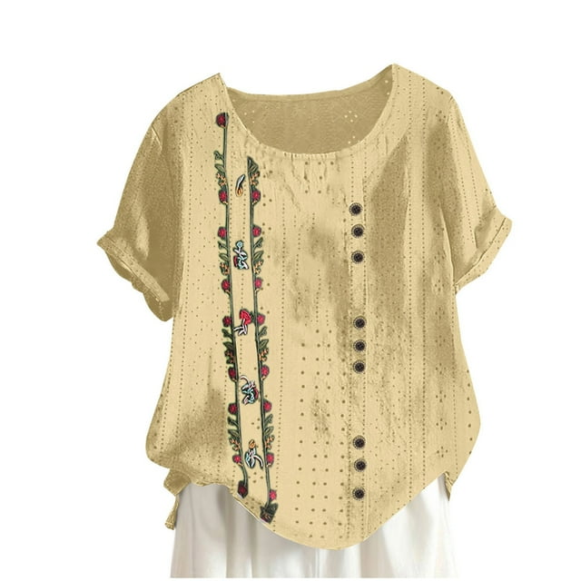 Birdeem Blouses pour Femmes Mode Imprimée Confortable Ample Manches Courtes Blouse Boutonnée Col Rond Décontracté