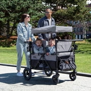Jeep Wrangler Deluxe 4 Seater Stroller Wagon by Delta Children - Premium Quad Stroller Wagon for 4 Kids with Convertible Seats, Adjustable Push/Pull Handles, Removable Canopy & Flat Fold, Grey