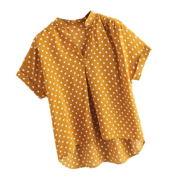 Camiseta de de gran ño con cuello en V y lunares para mujer, amarillo 3XL