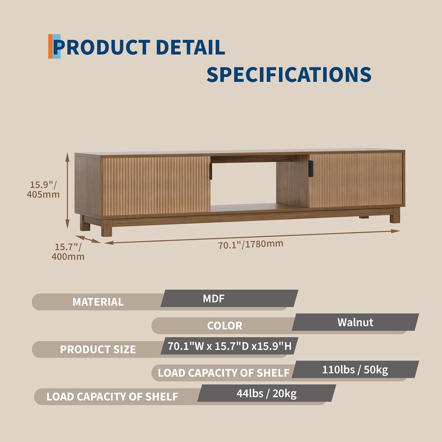 Fluted TV Stands for TVs Up to 80 Inches, Mid Century Modern Entertainment Center with Open Storage Compartments,Media TV Consoles 70" Long Wooden TV Console