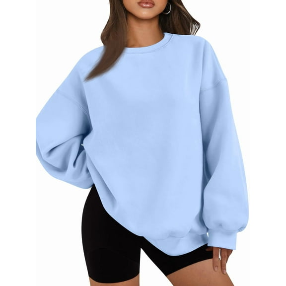 Women Oversized Sweatshirts Hoodie Fleece Crew Neck Long Sleeve Sweaters Comfy Fall Fashion Outfits Light Blue XXL