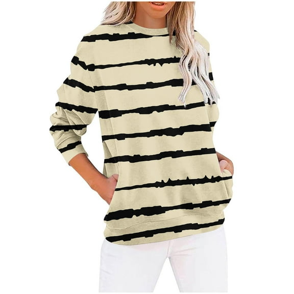 Generic Womens Striped Long Sleeve Shirt Crew Neck Tops Breton Loose Fit Tshirt with Pockets