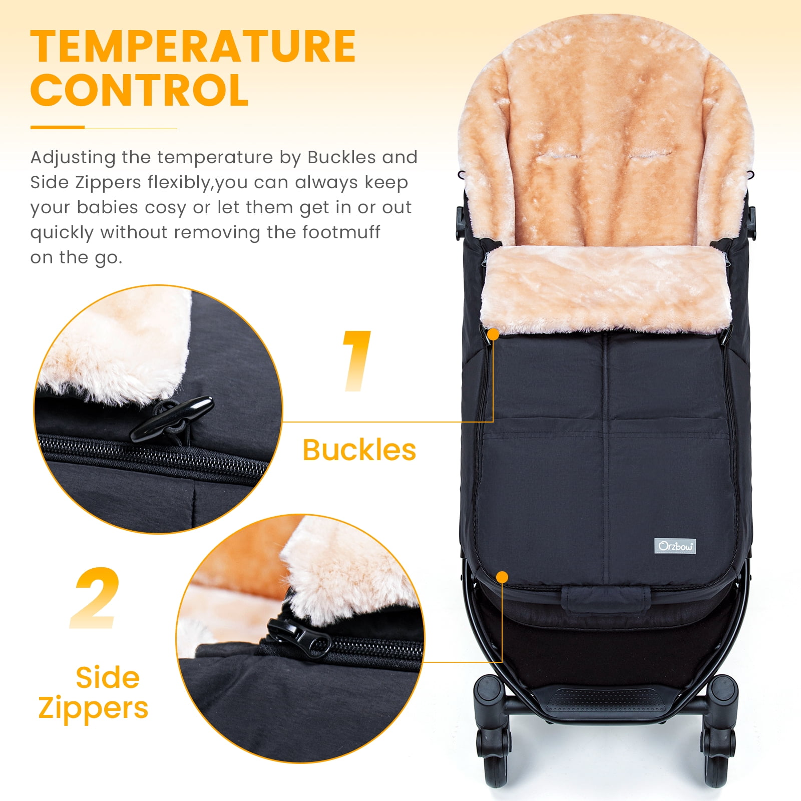 Orzbow Wool Warm Bunting Bag Universal,Suitable below 7 ℃,For Alaska,Stroller Sleeping Bag Cold Weather,Waterproof Toddler Footmuff, Black