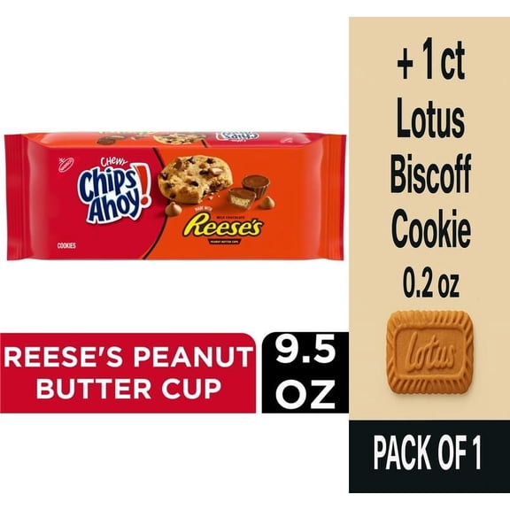 CHIPS AHOY! Chewy Chocolate Chip Cookies with Reeses Peanut Butter Cups 9.5 oz - Pack of 1 & Lotus Biscoff Cookie - 0.2 Oz - 1 ct