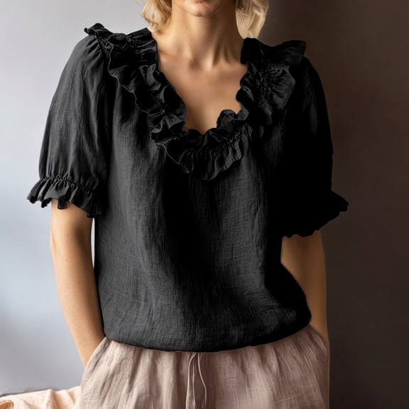 CUSTG Women Casual Blouses Summer Solid Color Fashion Ruffled Collar Blouse Shirt Tops Tunic Tee For Everyday Wear Lightweight Comfortable Relaxed Fit Dailywear