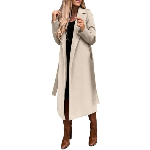 Baberdicy Cropped Jacket Women's Wool Coat Blouse Thin Coat Trench Long Jacket Ladies Slim Long Belt Elegant Overcoat Outwear Lady Coat ( Beige L )