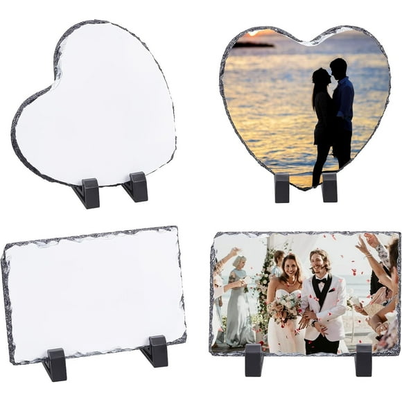 2Pcs 2 Styles Sublimation Blank Slate Rock Stone Heart Rectangle Photo Frame with Display Holder Transfer Heart Picture Frame for Commemorate Mother's Day Gifts