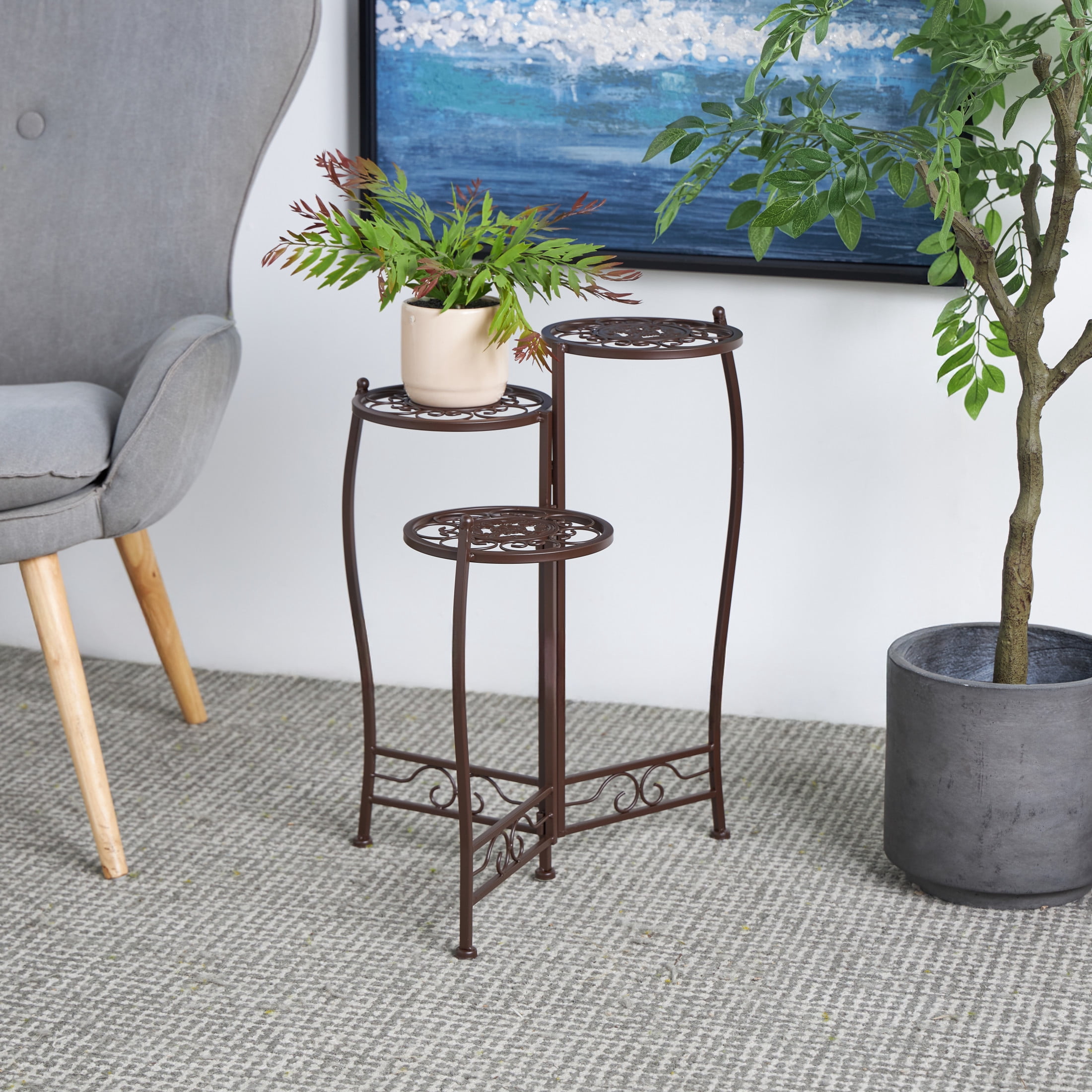 DecMode 24" x 18" x 18" 3 Tier Brown Metal Scroll Plantstand with Scroll Details