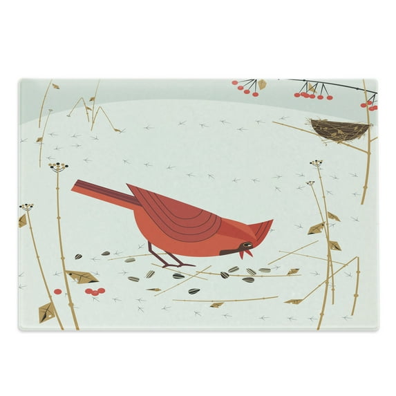 Birdhouse Cutting Board, Red Cardinal Autumnal Leaves Rowan Berries Pattern, Decorative Tempered Glass Cutting and Serving Board, in 3 Sizes, by Ambesonne