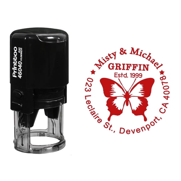 Printtoo Custom Round Butterfly Design Self Inking Return Address Rubber Stamp Personalized Stamper-Red
