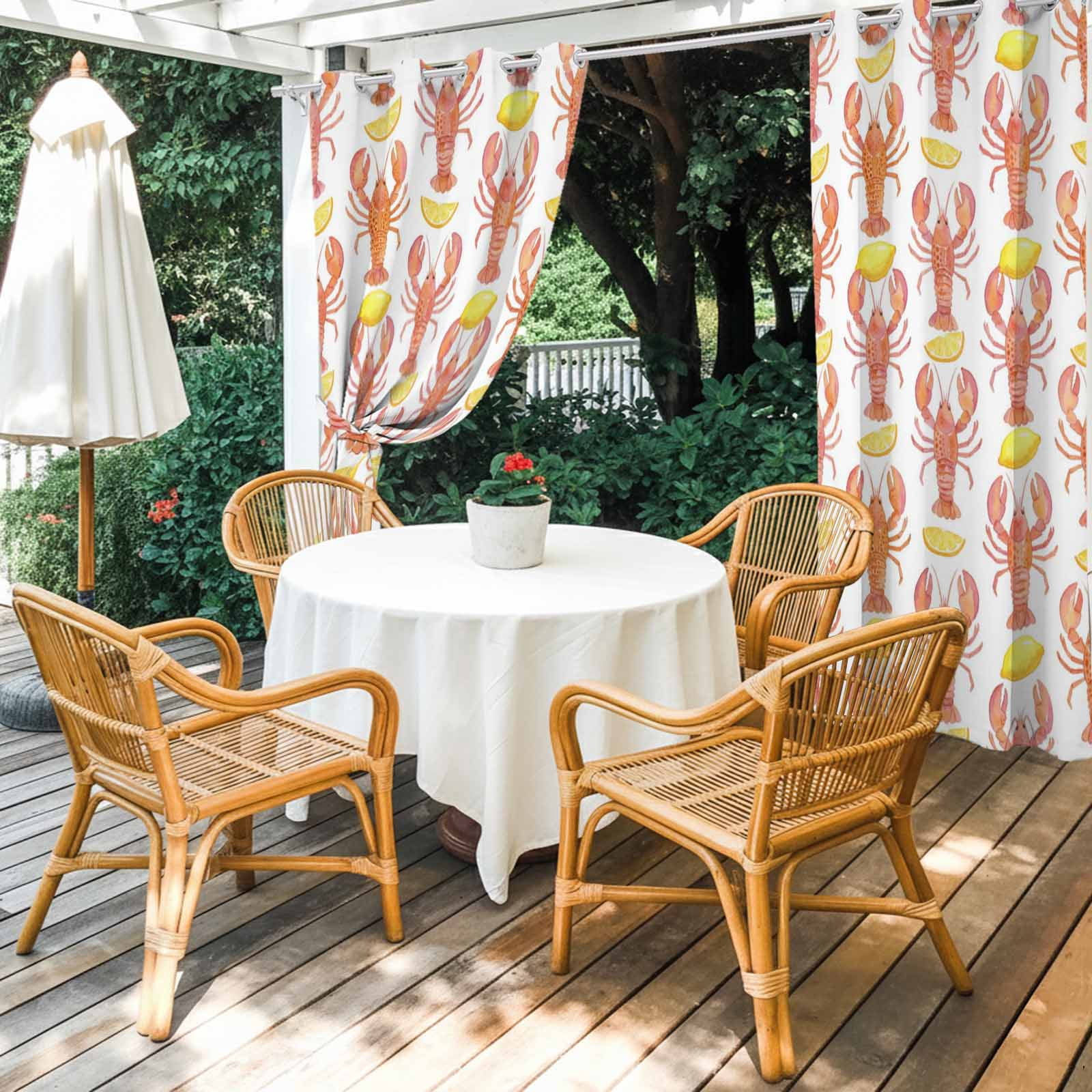 Ocean Orange Lobster Outdoor Curtains for Patio, Summer Nautical Sea Watercolor Yellow Lemon Sunshade Privacy Drapes Grommet Waterproof Outside Curtains for Porch/Cabana/Balcony 54"x 108", 1 Panel