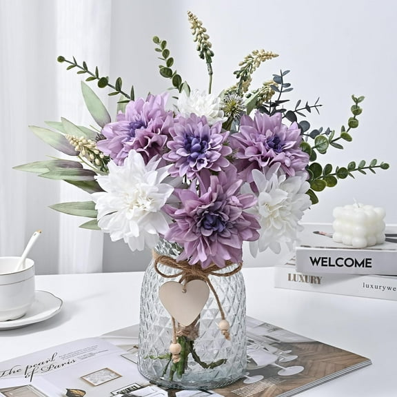 Faux Flowers in Vase, Fake Flowers with Vase, Dahlia Artificial Flowers in Vase Centerpieces for Dining Room Table Artificial Dahlias Flower Arrangement for Home Office Farmhouse