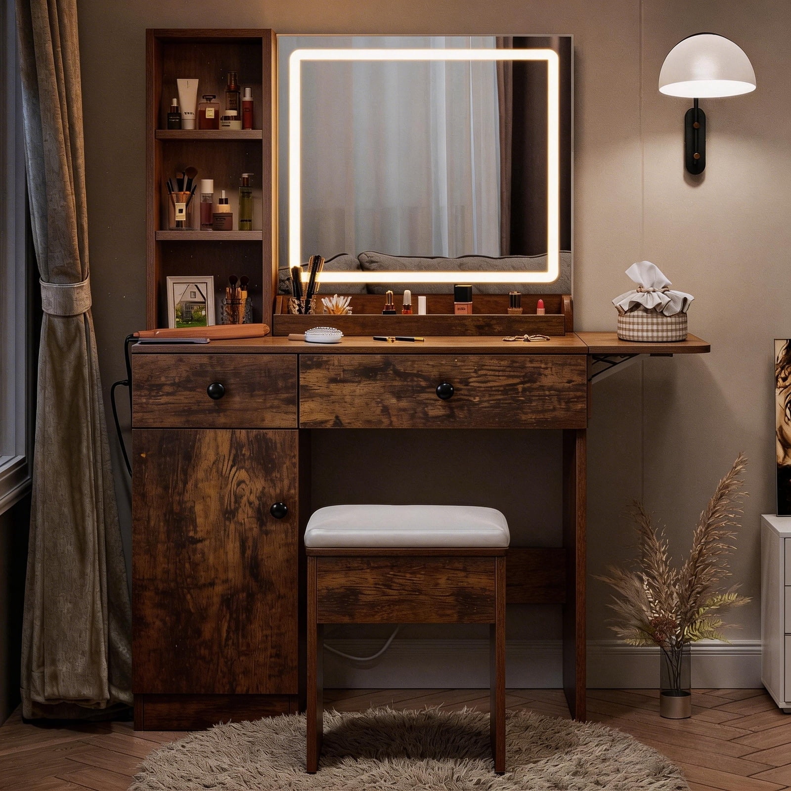 Haewon 35" Vanity Desk with Mirror, LED Light, Power Outlet, Makeup Vanity with Storage Cabinet and Foldable Panel, Vanity Set with Cushioned Stool, Brown