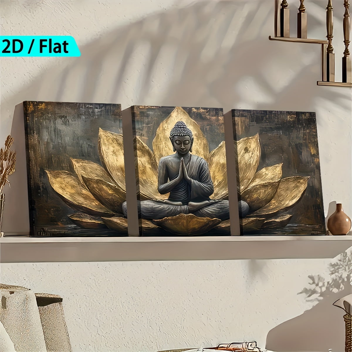 2D Flat, [2D/Flat Print] Framed Canvas Painting And Poster, Ready to Hanging, Retro Light Luxury Abstract Buddha Statue Faith Art, Home Decor, Wall Art, Room Decoration, Holiday Gift, Living Room