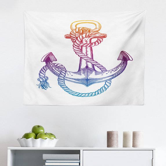 Vintage Nautical Tattoo Tapestry, Monochrome Sketch of Octopus Tentacles Ocean Waves Boat, Fabric Wall Hanging Decor for Bedroom Living Room Dorm, 2 Sizes, Charcoal Grey White, by Ambesonne