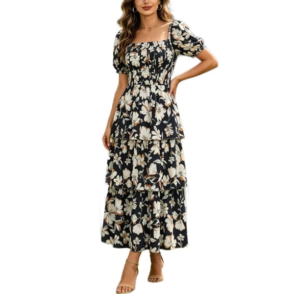 GUACER Dark Floral Smocked Maxi Dress for Women Square Neck Puff Sleeve Tiered Boho Dress, Elegant Evening Party Outfit