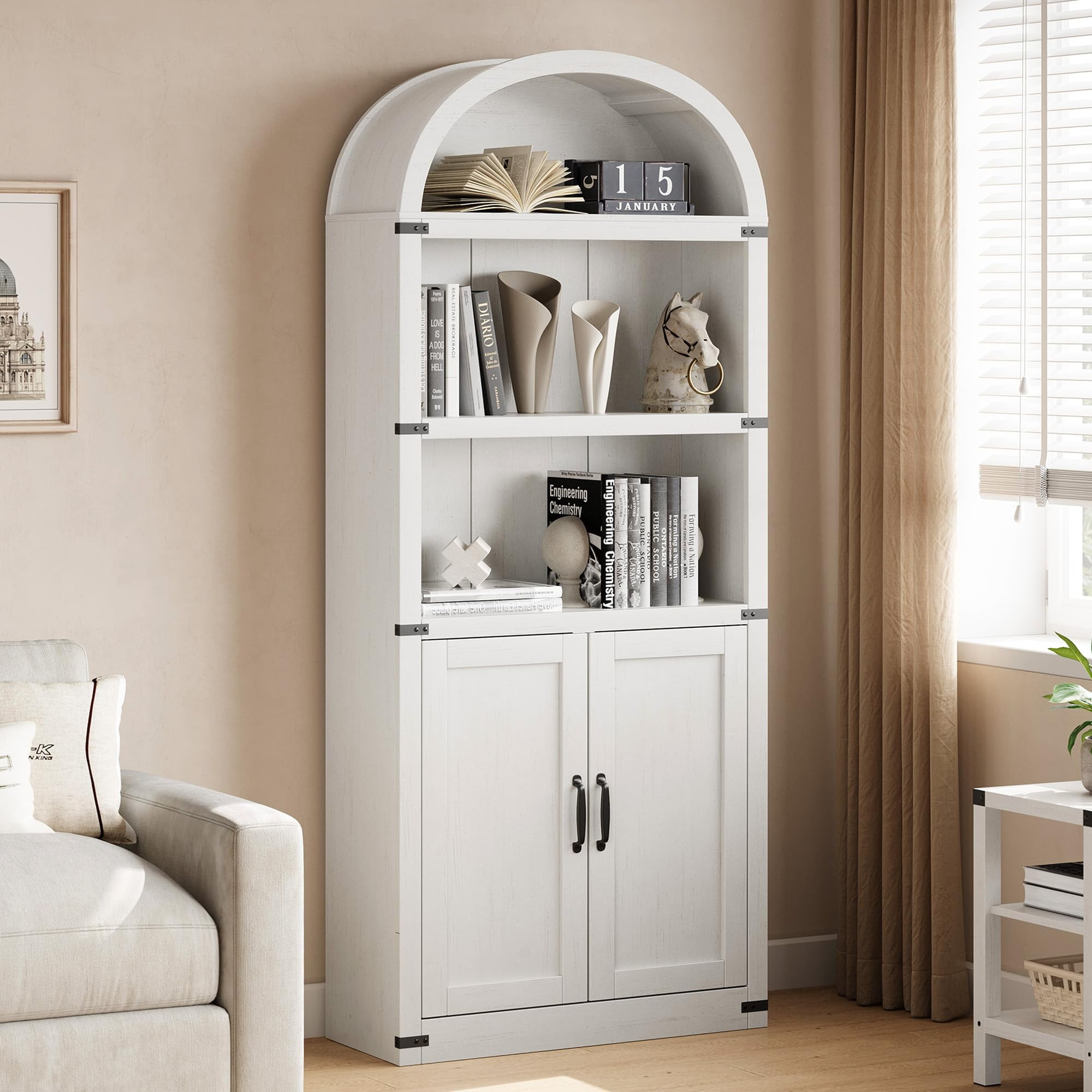 TROPOW Bookcase with Doors Arched Bookshelf 71.65in Tall Bookcase Farmhouse Cabinet with Shelves Wooden Bookshelves for Home Office, Living Room,White