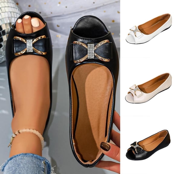 Bxsruta Women's Peep Toe Flat Shoes with Bowknot and Rhinestone Decor Pu Leather Casual Slip on Shoes
