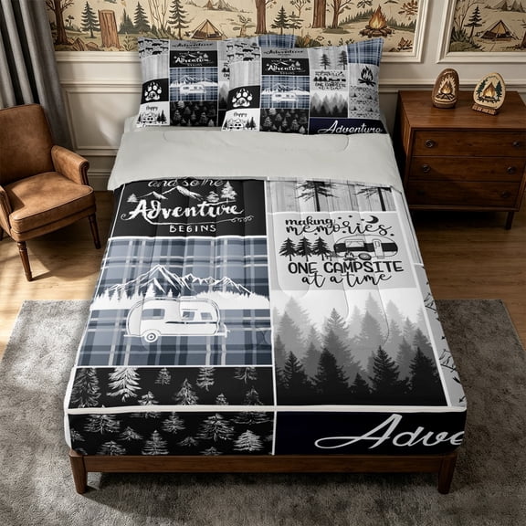 Manfei Animal Deer Bear Zipper Twin Comforter Sets with Fitted Sheet and 2 Pillowcases,Happy Camping Zipper Bedding Set,Gray Navy,Reversible