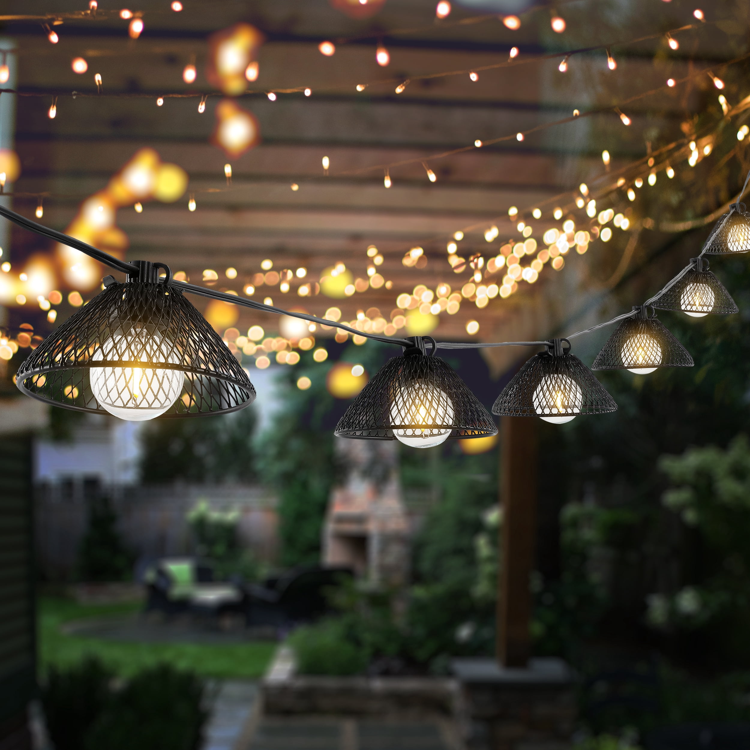 SAFAVIEH Junia 10-Light G40 Black Metal Outdoor String Light with Black Shade