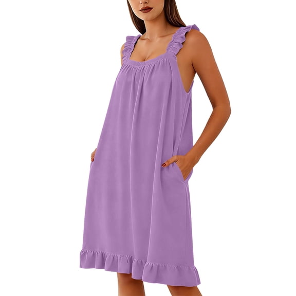 Ygbgbb Women's Casual Square Neck Ruffle Hem Nightgown Solid Sleeveless Loose Fit Loungewear Dress with Pockets Purple XL