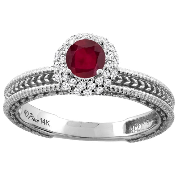 14K White Gold Enhanced Genuine Ruby & Diamond Engagement Ring Round 5 mm, size 5