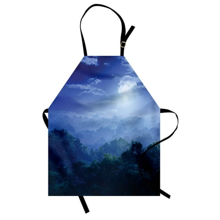 - Fantasy Apron Moonlight Covers the Jungles of Sri Lanka Hazy Rainforest Scenery View Image, Unisex Kitchen Bib Apron with Adjustable Neck for Cooking Baking Gardening, Green and Blue, by Ambesonne